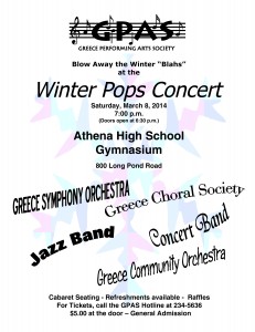 Flyer for the March 8, 2014 "Blow Away the Winter Blahs" Winter Pops Concert at Athena High School, featuring the Greece Symphony Orchestra, Choral Society, Jazz Band, Concert Band, and Community Orchestra