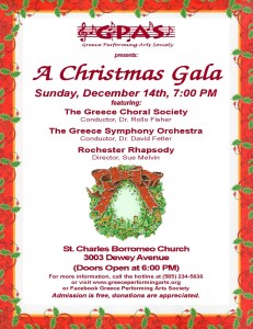 Flyer for A Christmas Gala, Sunday December 14, 2014 at St. Charles Borromeo Church, featuring the Greece Choral Society, Greece Symphony Orchestra, and Rochester Rhapsody